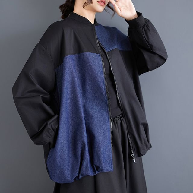 Lewwe-Two Tone Denim Panel Zip-Up Bomber Jacket