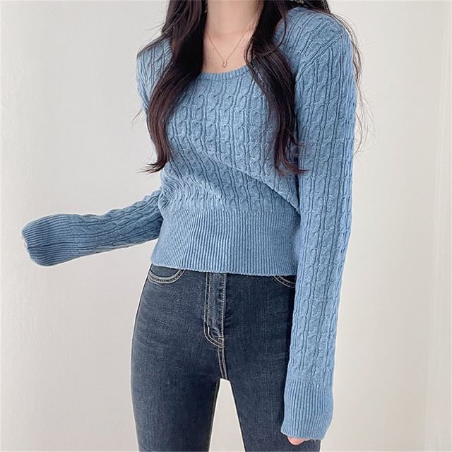 Rosesand-Long Sleeve Plain Cable-Knit Sweater