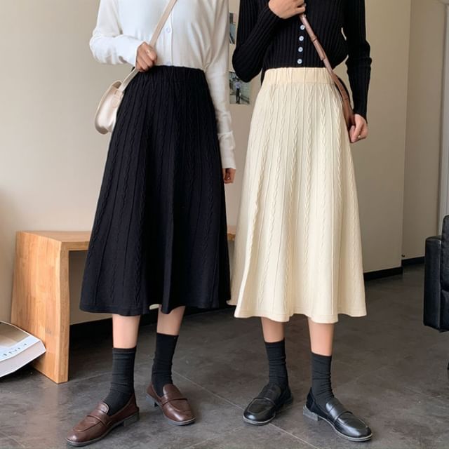 Hevnir-High Waist Knit Midi A-Line Skirt
