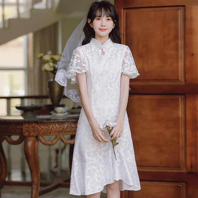 AMOS - Mandarin Collar Lace Midi A-Line Dress | YesStyle