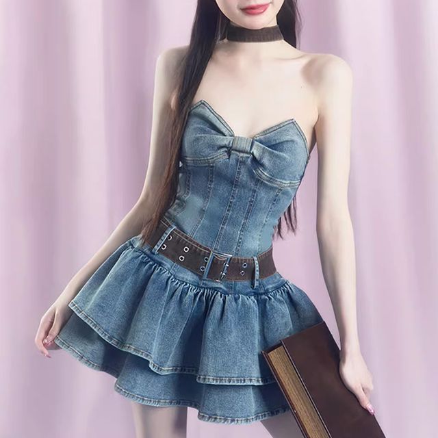 yesstyle denim dress Gourgie - Strapless Washed Denim Mini A-Line Dress