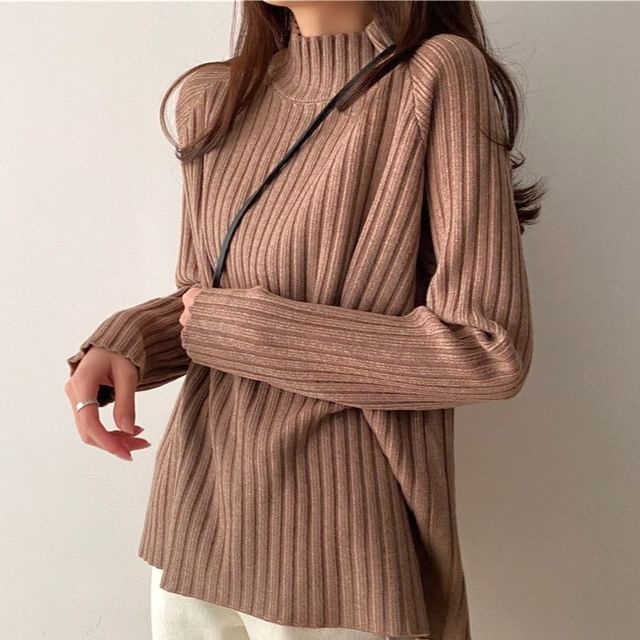 Inchioh-Long-Sleeve High Neck Plain Ribbed Sweater