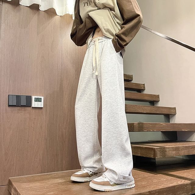 Nightbell-Mid Rise Plain Wide Leg Pants