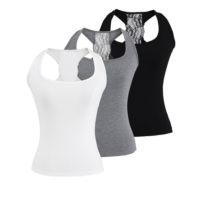 Ulark-Plain Lace Trim Racerback Tank Top