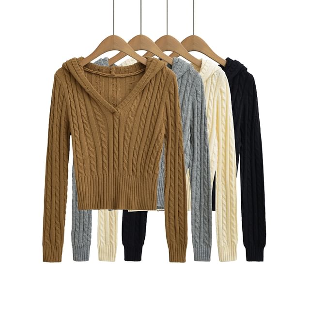 Ulark-Hooded V-Neck Plain Cable Knit Cropped Sweater
