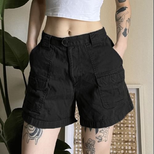 Honet - High Waist Plain Cargo Shorts
