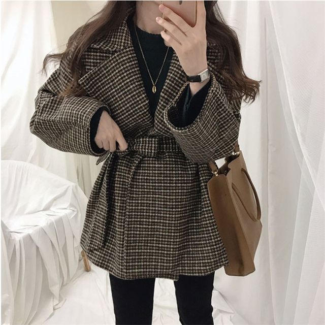 Leoom-Notch Lapel Houndstooth Jacket