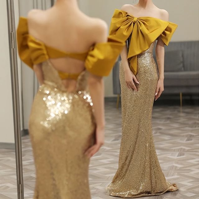 MSSBridal-Off-Shoulder Sequin Bow Accent Open Back Mermaid Evening Gown