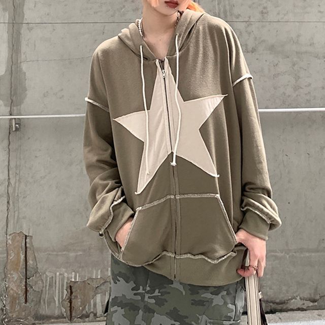 Puffie - Long Sleeve Star Applique Loose-Fit Hooded Jacket