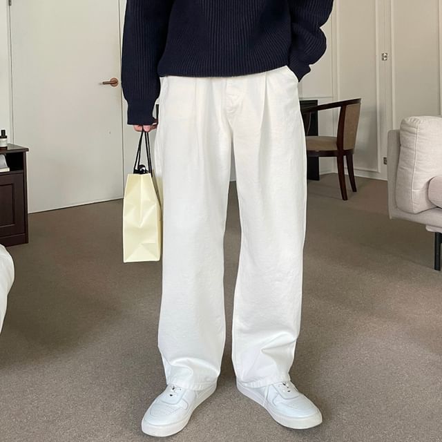 mopagrati-Mid Rise Plain Straight Leg Jeans