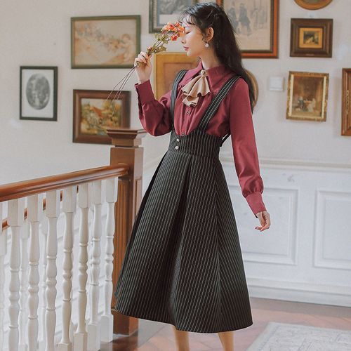 sansweet - Striped High Waist Suspender Skirt