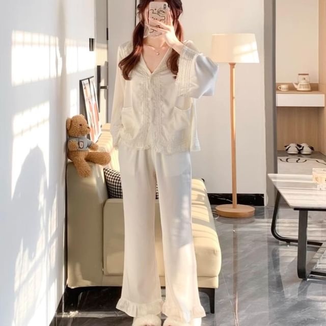 GOUB-Pajama Set Long-Sleeve Plain Top Pants