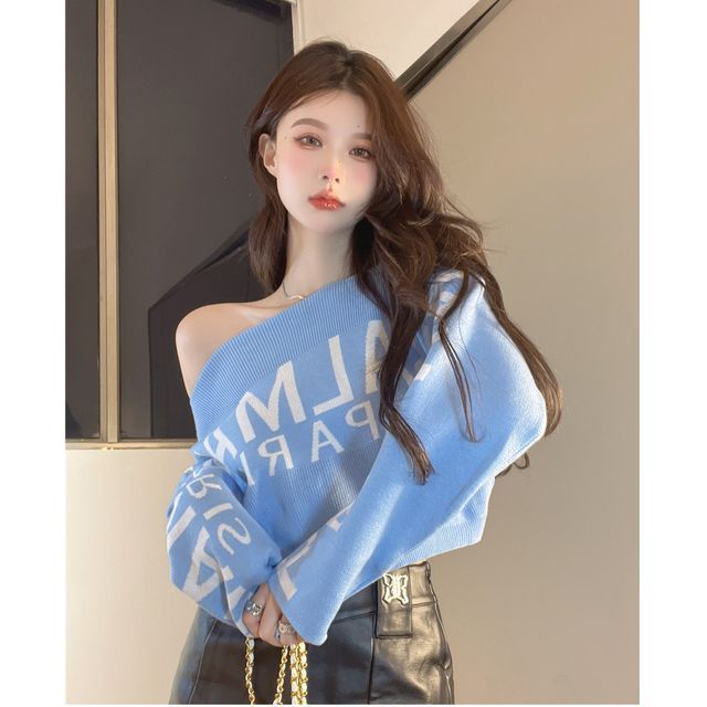 NENE OffShoulder Lettering Cropped Sweater YesStyle