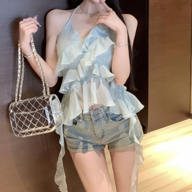Yako-Halter-Neck Asymmetrical Plain Ruffled Crop Top