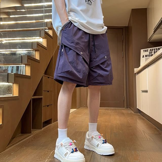 Giuliana-Drawstring Waist Plain Cargo Shorts