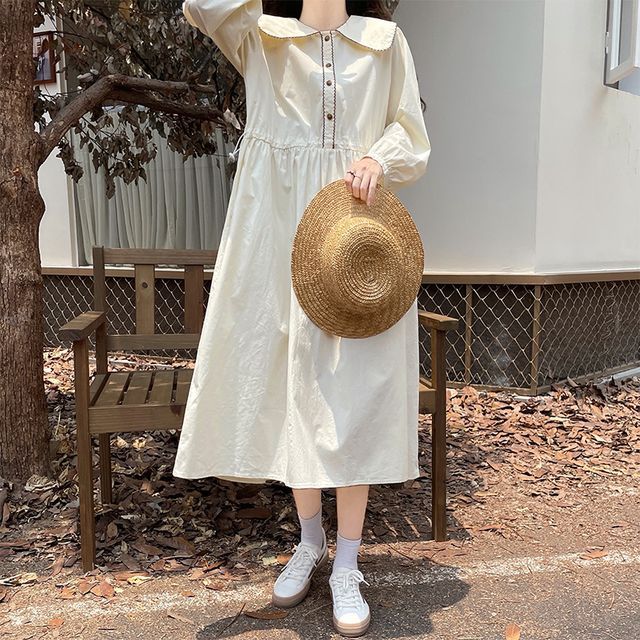 ZENME - Long-Sleeve Wide Collar Midi Smock Dress | YesStyle