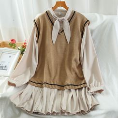 Miss Puff - Set: Long-Sleeve Pleated Mini A-Line Dress + V-Neck Knit Vest Miss Puff - Set: Long-Sleeve Pleated Mini A-Line Dress + V-Neck Knit Vest