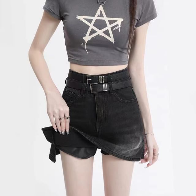 Everose-High Waist Denim Mini Skort