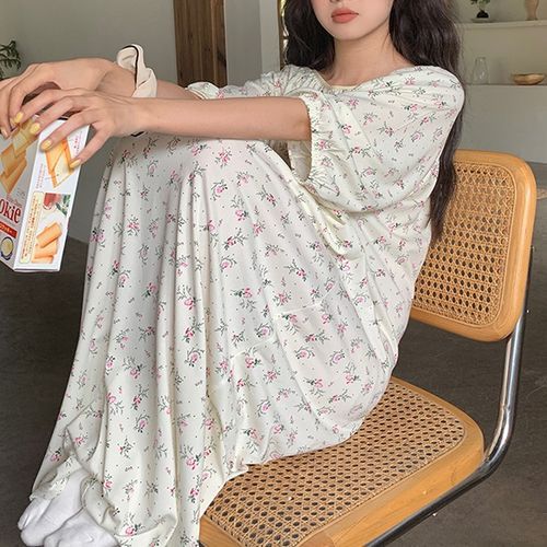 Tanee - Short-Sleeve Floral Print Pajama Dress