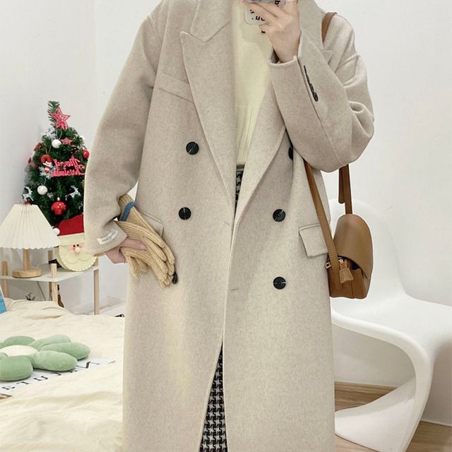 Everose-Plain Double-Breasted Coat