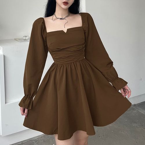 chinese dress ladies Brown Printed Long Sleeve Mini Skater Dress  AX Paris