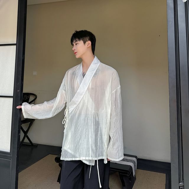 Orungeetun-V-Neck Plain Wrap Shirt