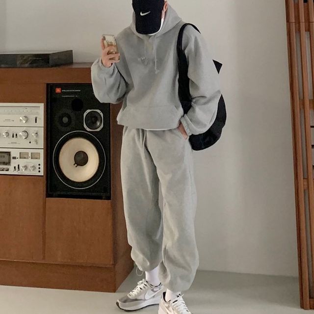 Okwano-Plain Drawstring Hoodie Drawstring Waist Harem Sweatpants