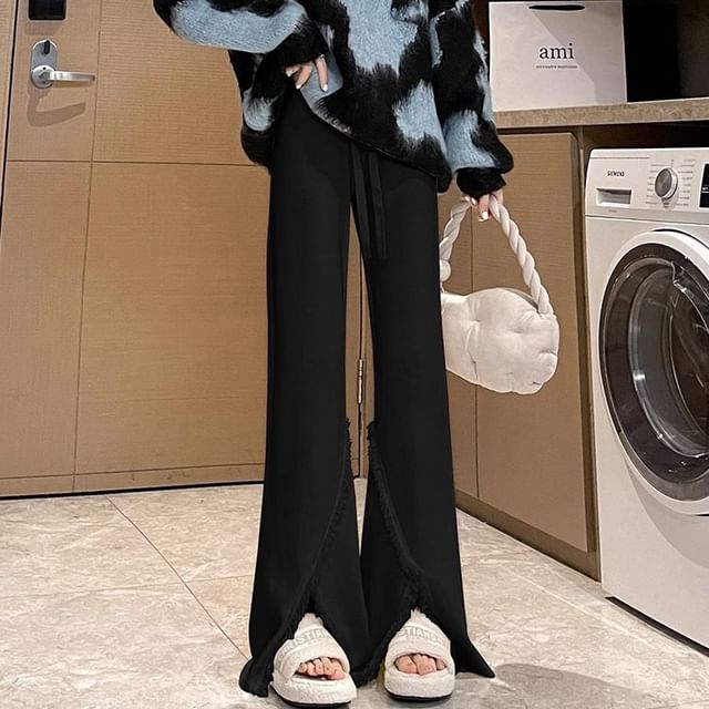 Dovitade-Drawstring Waist Plain Fringed Slit Bootcut Knit Pants