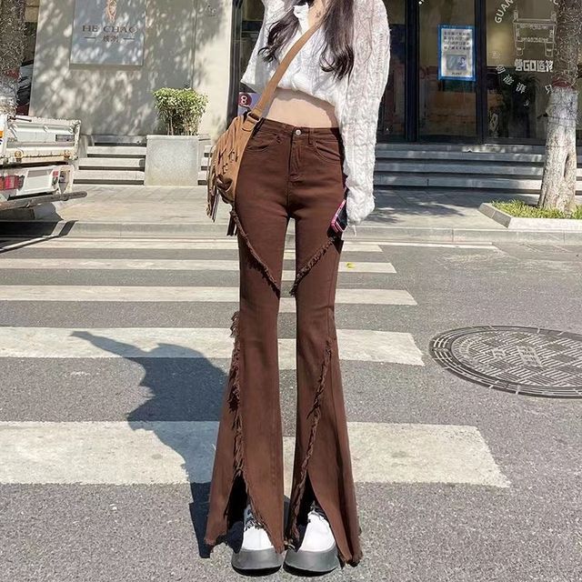 Hojija High Rise Plain Fringe Slit Flared Jeans YesStyle