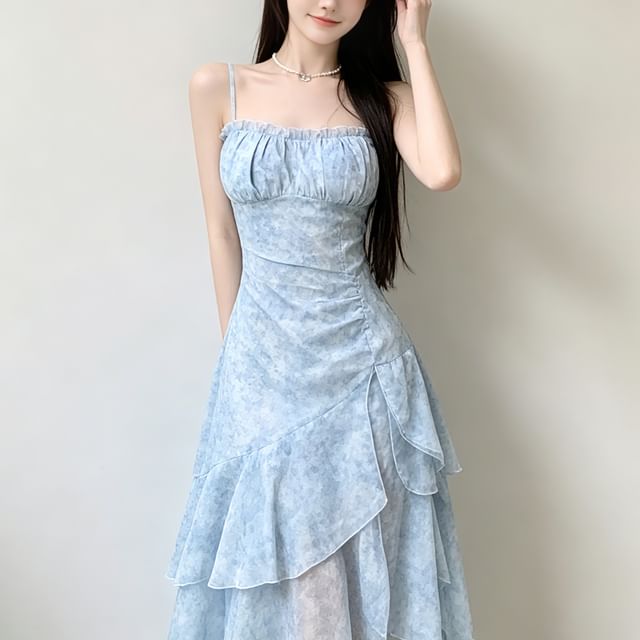 Spaghetti Strap Ruffle Asymmetrical Midi Dresses main image 1