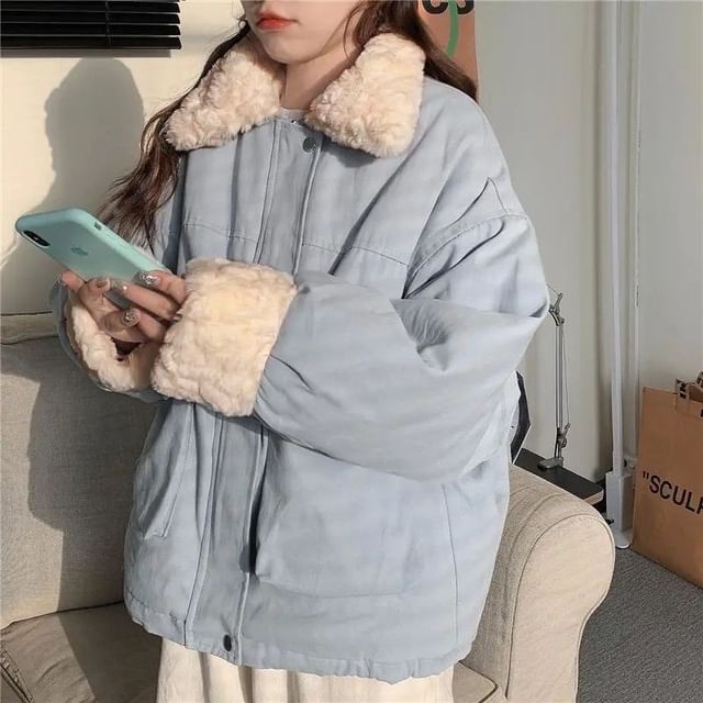 Sisyphi-Plain Fluffy Trim Pocket Detail Zip Jacket