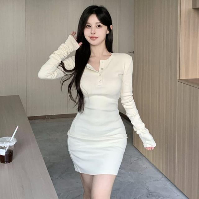 Dinse - Long-Sleeve Henley Plain Mini Sheath Dress | YesStyle