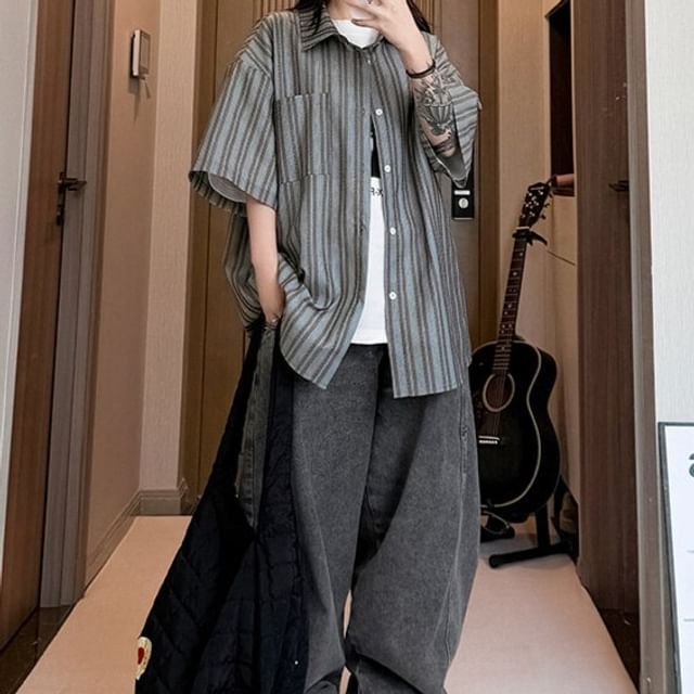 Obikan-Short Sleeve Collared Striped Shirt