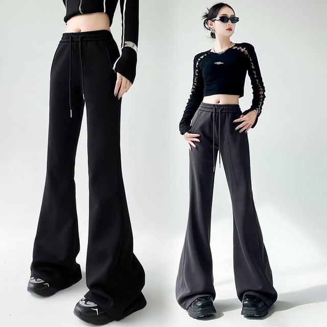 Jaqmine-Drawstring Waist Plain Flared Pants