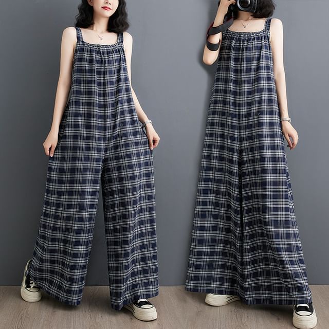 Supernova-Plaid Wide Leg Overalls