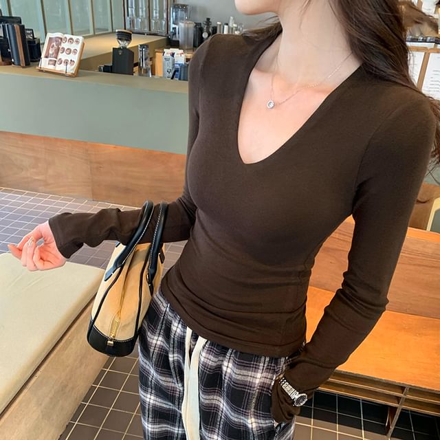 Beem-Long Sleeve V-Neck Plain T-Shirt