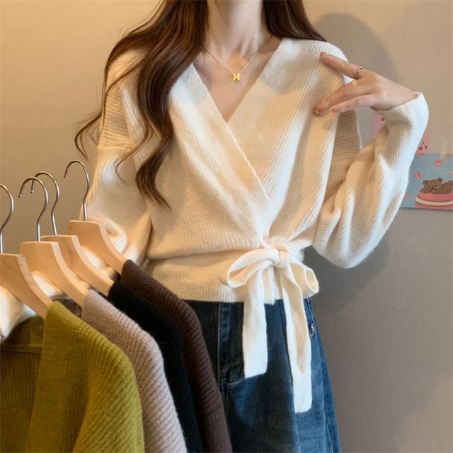 OGAWA-V-Neck Plain Tie Side Wrap Cardigan