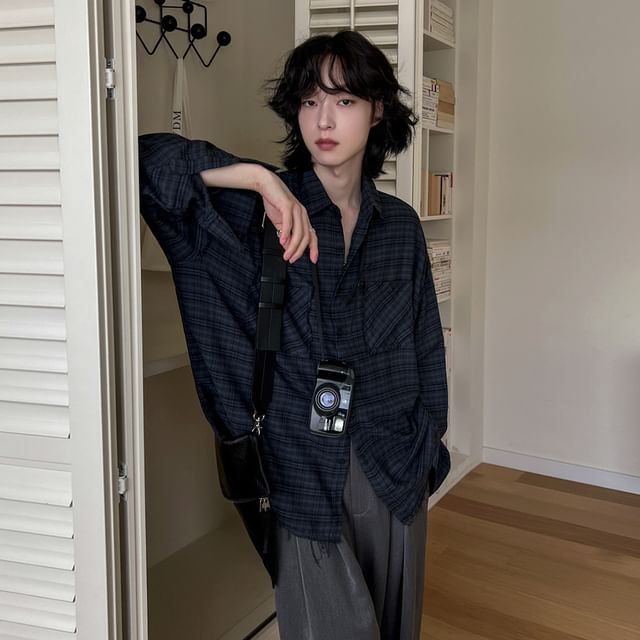 MRCYC-Long-Sleeve Plaid Button-Up Shirt