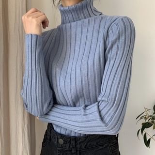 Sisyphi-Long-Sleeve Turtleneck Ribbed Plain Knit Top