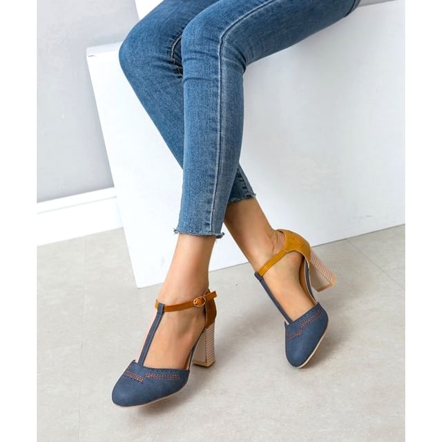 Asterisk-Two Tone T-Strap Block Heel Pumps