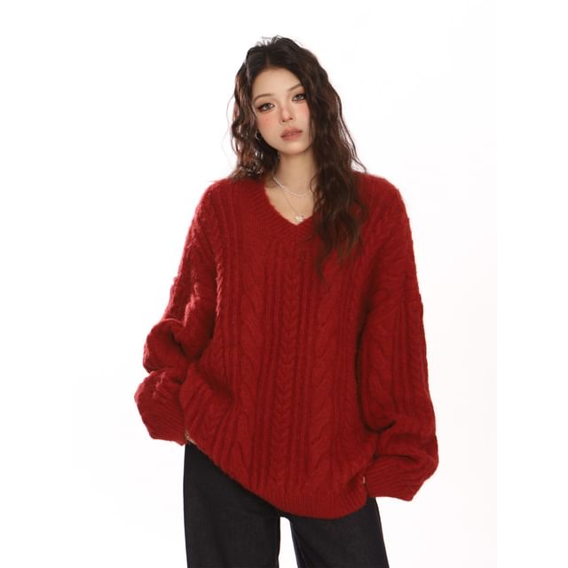 Berrytrix-V-Neck Plain Cable Knit Oversized Sweater