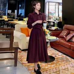 Jinyo - 长袖饰带连衣中裙 Jinyo - 长袖饰带连衣中裙