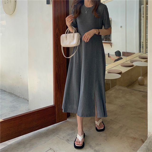 midi t shirt dress with slits New J Crew Women Black Beige Striped Cotton Midi T-shirt Dress S with Side Slit
