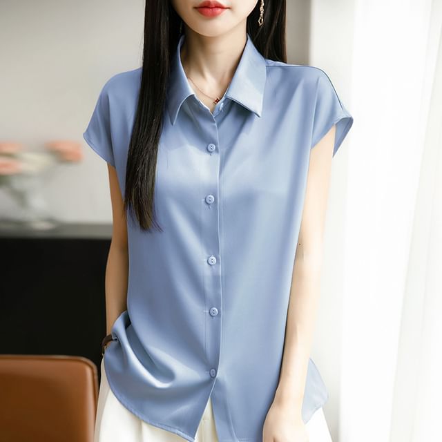 Weelop-Cap Sleeve Collared Plain Satin Shirt