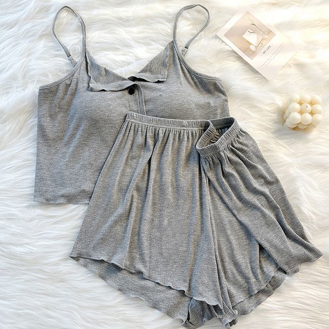 Siensien-Pajama Set Plain Padded Button Camisole Shorts