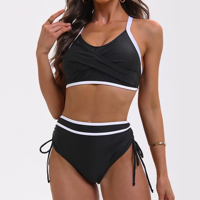 Serendo-Set Contrast Trim Ruched Tankini Top Drawstring Bottom
