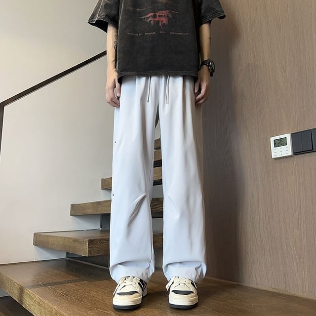 Obikan-Drawstring Waist Plain Straight Leg Sweatpants