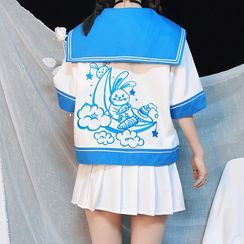 Miu B - Short-Sleeve Embroidered Shirt / Neckerchief / Set