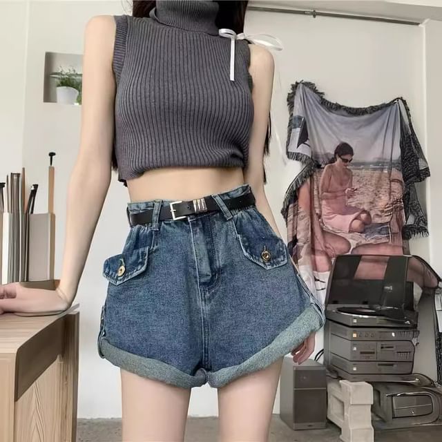 Wildfoea-High Waist Washed Denim Shorts