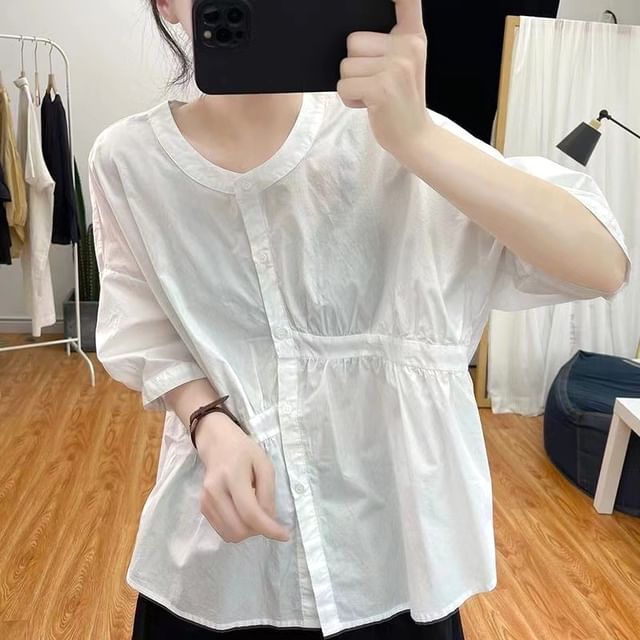 ISSOL-Elbow-Sleeve Crewneck Plain Flowy Blouse